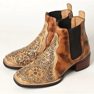 American Darling Hand Carved Floral Western Women Leather Boots Brown Tan Black